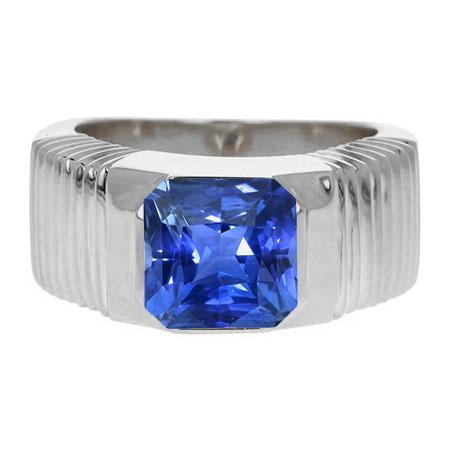 Solitaire Men's Ring Radiant Ceylon Sapphire Flush Set 2.50 Carats