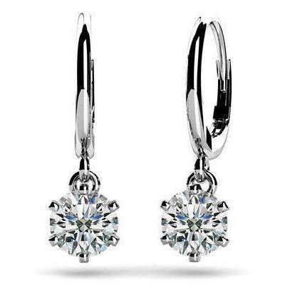 Six Prong Setting Round Cut 2 Carats Diamond Drop Earring White Gold - Dangle Earrings-harrychadent.ca