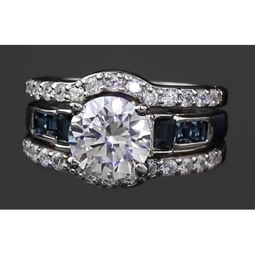 4.50 Carats Engagement Ring Set Round Diamonds & Blue Green Sapphire - Engagement Ring Set-harrychadent.ca