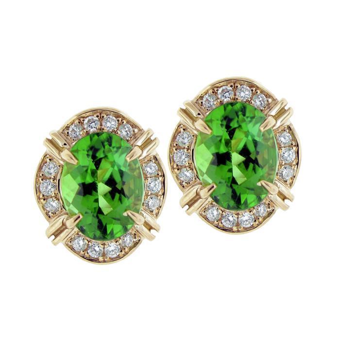 15.28 Carats Oval Green Tourmaline Diamond Stud Earring 14K Yellow Gold - Gemstone Earring-harrychadent.ca