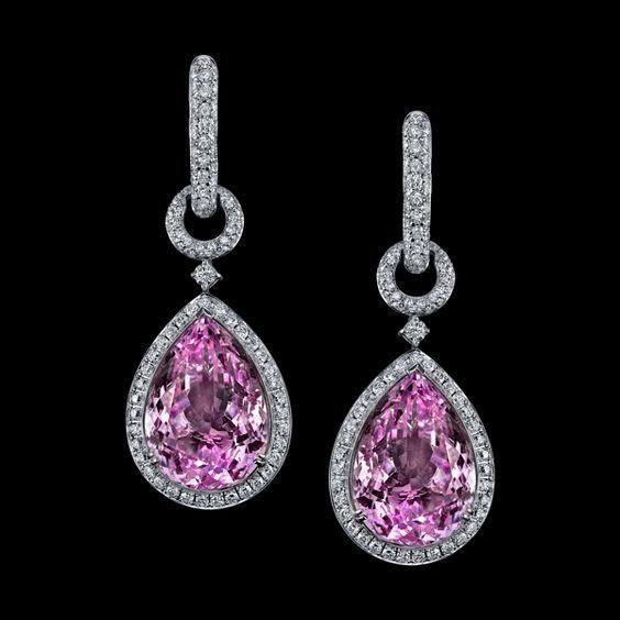 43 Carats Pink Kunzite Diamond Dangle Lady Earring White Gold - Gemstone Earring-harrychadent.ca