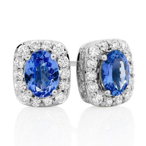 Halo Diamond Tanzanite Stud Earrings 5.40 Carat White Gold 14K - Gemstone Earring-harrychadent.ca