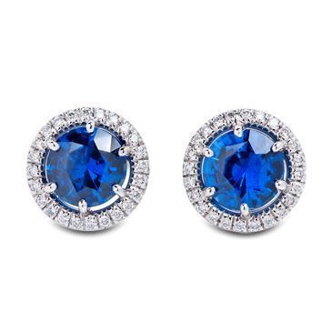 Halo Round Prong Set Stud Earrings 5.20 Carats Ceylon Sapphire - Gemstone Earring-harrychadent.ca