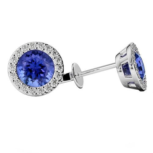 Halo Round Tanzanite With Diamond 3.86 Carats Stud Earrings - Gemstone Earring-harrychadent.ca