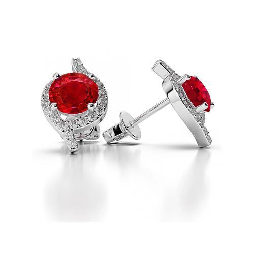 Halo Ruby And Diamonds Studs Earrings 5.30 Ct White Gold 14K - Gemstone Earring-harrychadent.ca