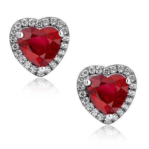 Heart Shape Red Ruby And Diamond Stud Earring 4.50 Carats 14K Gold - Gemstone Earring-harrychadent.ca