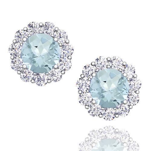 Round Cut Aquamarine With Halo Diamond Stud Earrings 7 Carat WG 14K - Gemstone Earring-harrychadent.ca