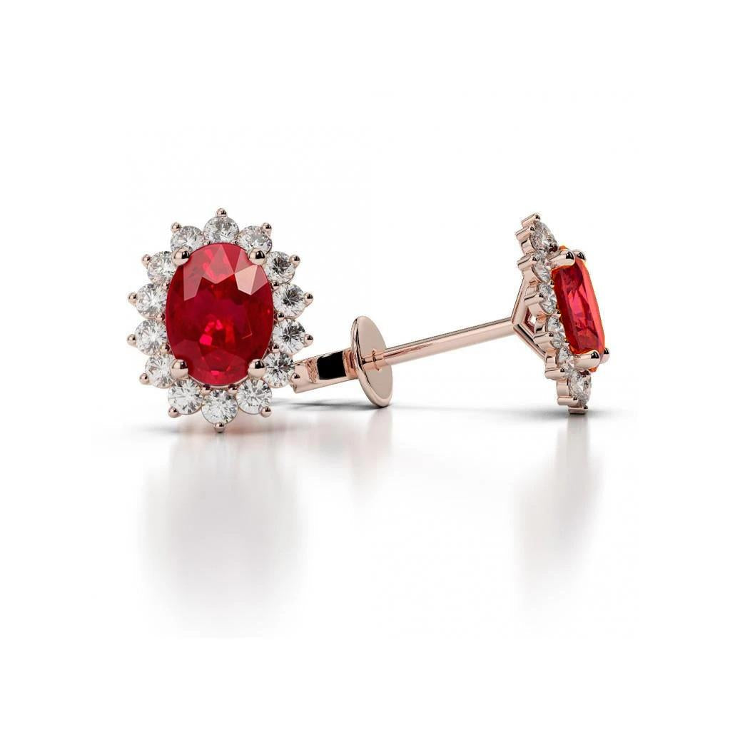 Women Oval Ruby With Diamonds 6.70 Ct Studs Earrings Gold Rose 14K - Gemstone Earring-harrychadent.ca