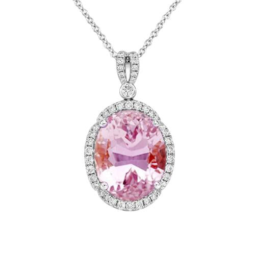 12.50 Carats Pink Oval Kunzite With Diamond Pendant White Gold 14K - Gemstone Pendant-harrychadent.ca