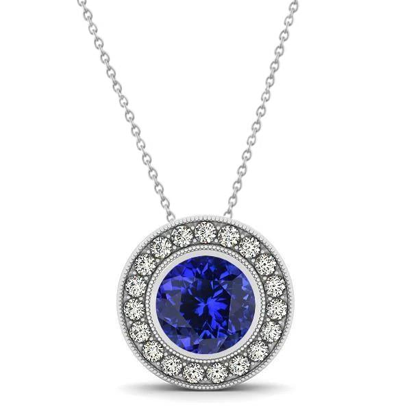 17.50 Ct Round Cut Tanzanite With Diamonds Pendant White Gold 14K - Gemstone Pendant-harrychadent.ca