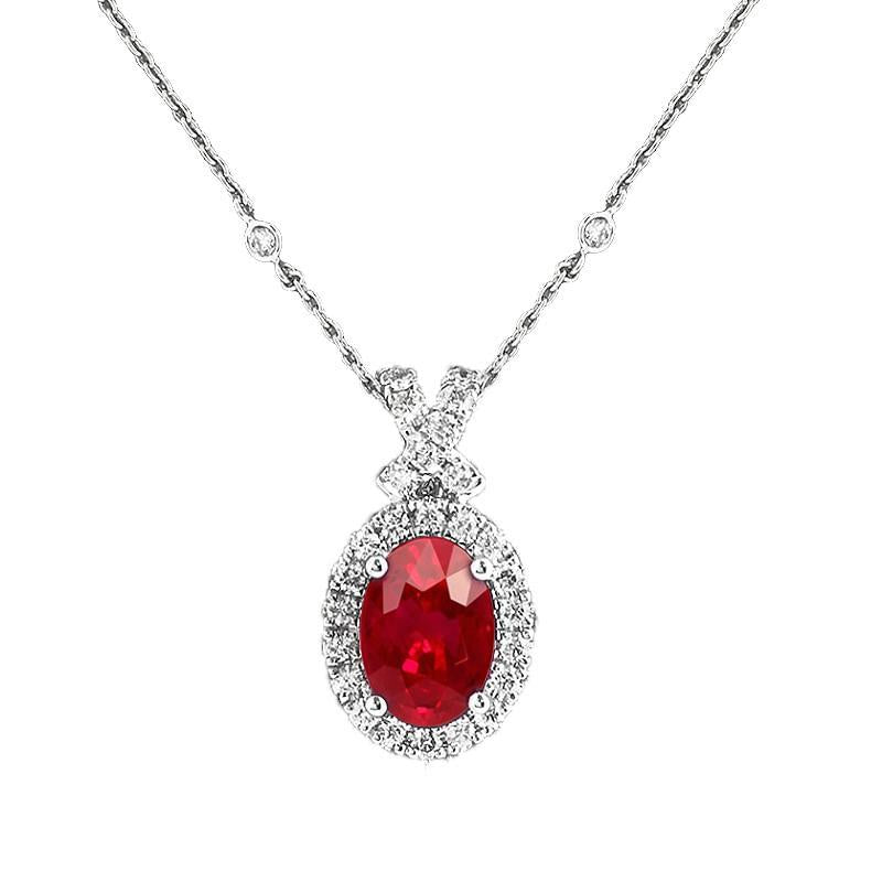 2.35 Carats Oval Cut Ruby And Diamond Necklace Pendant Gold 14K - Gemstone Pendant-harrychadent.ca