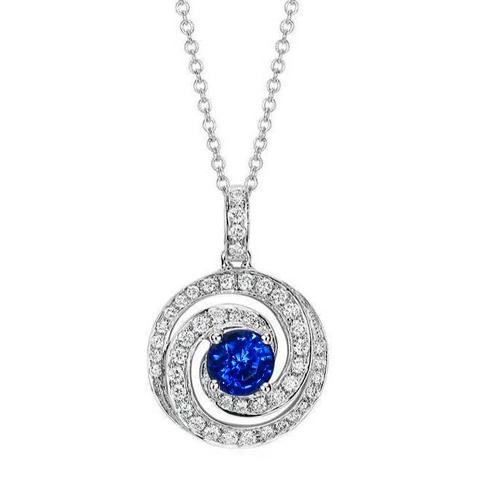 3 Carats Round Ceylon Sapphire And Diamond Pendant White Gold 14K - Gemstone Pendant-harrychadent.ca