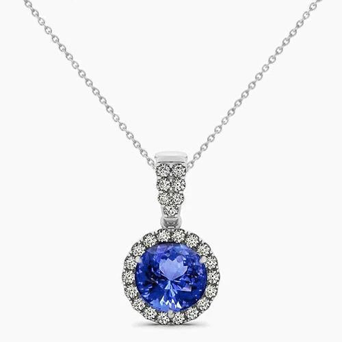 4 Ct Round Cut Tanzanite And Diamonds Pendant Necklace White Gold - Gemstone Pendant-harrychadent.ca