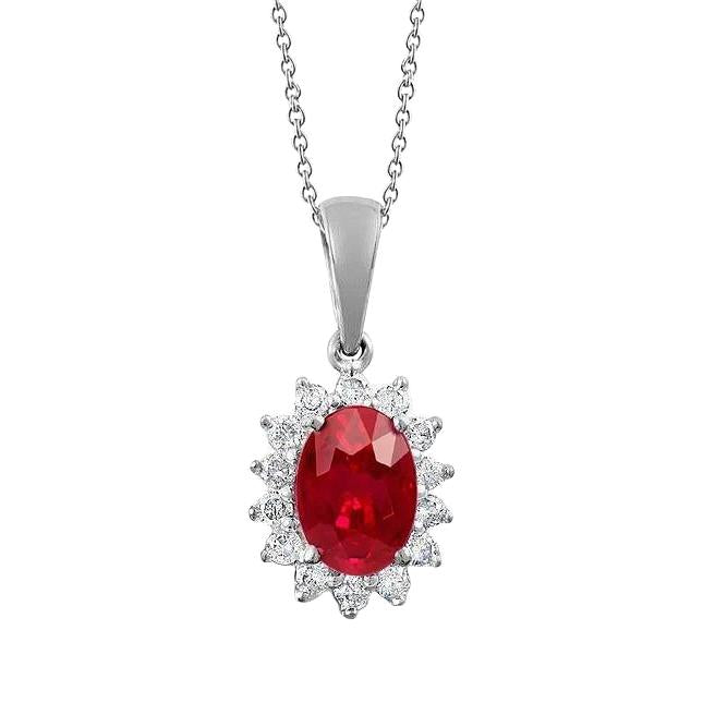 7.35 Carats Prong Set Ruby With Diamonds Pendant Necklace 14K Wg - Gemstone Pendant-harrychadent.ca