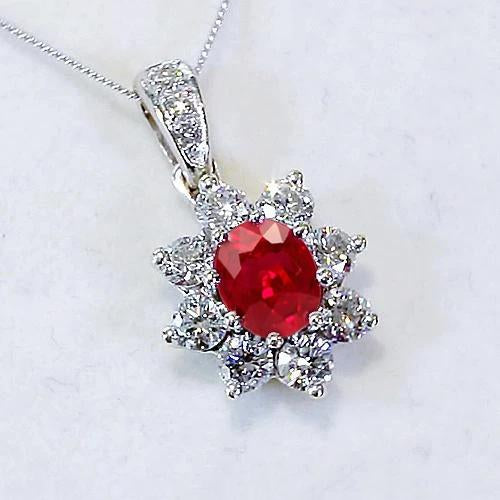 Diamond Pendant 1 Inch 3.45 Carats Ruby Lotus Flower White Gold 14K - Gemstone Pendant-harrychadent.ca