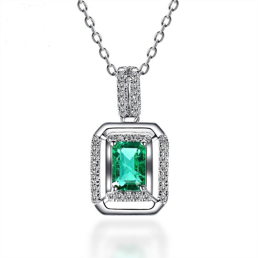 Green Emerald & Diamond Pendant With Chain 6.75 Carats White Gold 14K - Gemstone Pendant-harrychadent.ca