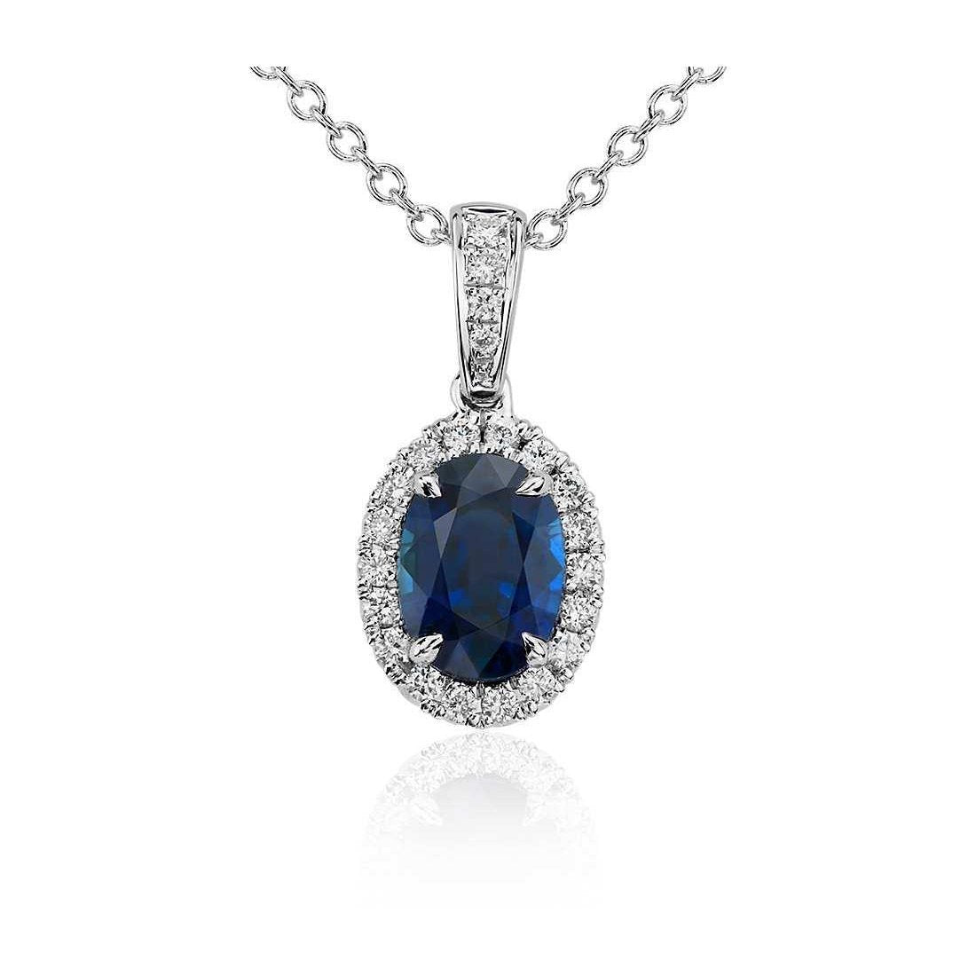 Oval Sri Lanka Sapphire Diamonds Pendant 4.70 Carats White Gold 14K - Gemstone Pendant-harrychadent.ca