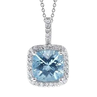 Prong Set 16 Carats Aquamarine With Diamonds Pendant Gold White 14K - Gemstone Pendant-harrychadent.ca