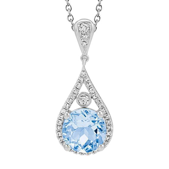 Round Cut 11.25 Ct Aquamarine With Diamonds Pendant 14K White Gold - Gemstone Pendant-harrychadent.ca