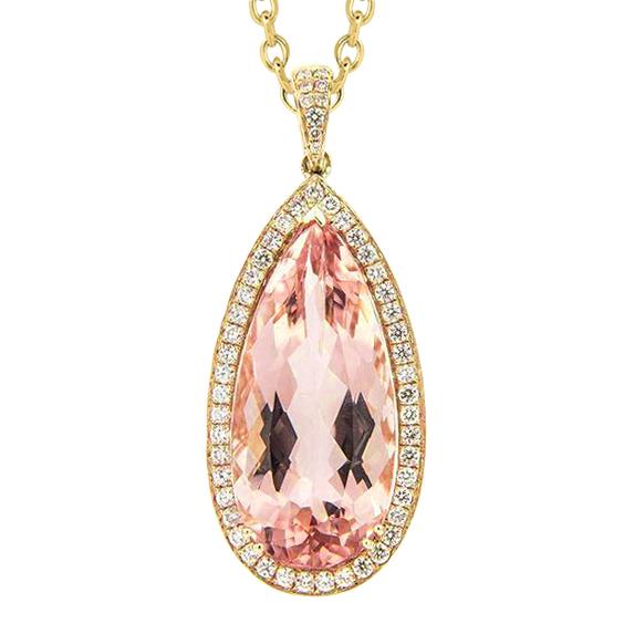 Yellow Gold 14K 16 Ct Big Morganite With Diamonds Pendant Necklace - Gemstone Pendant-harrychadent.ca