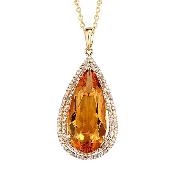 Yellow Gold 14K Pear Citrine With Round Diamonds 21 Carats Pendant - Gemstone Pendant-harrychadent.ca