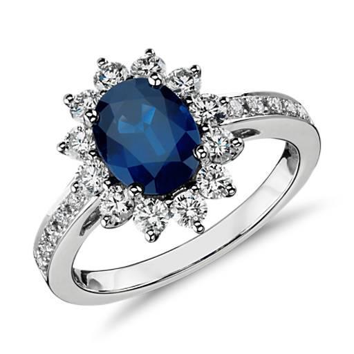1.70 Carats Blue Oval Sapphire And Round Diamond Ring White Gold 14K - Gemstone Ring-harrychadent.ca