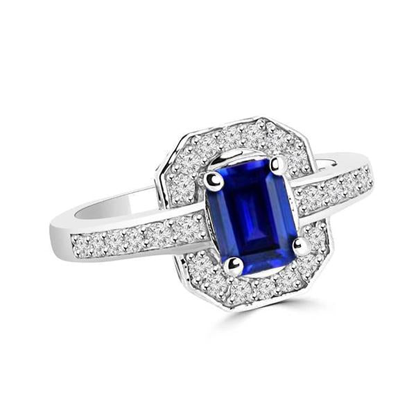 1.70 Carats Emerald Cut Ceylon Sapphire Diamond Ring White Gold 14K - Gemstone Ring-harrychadent.ca