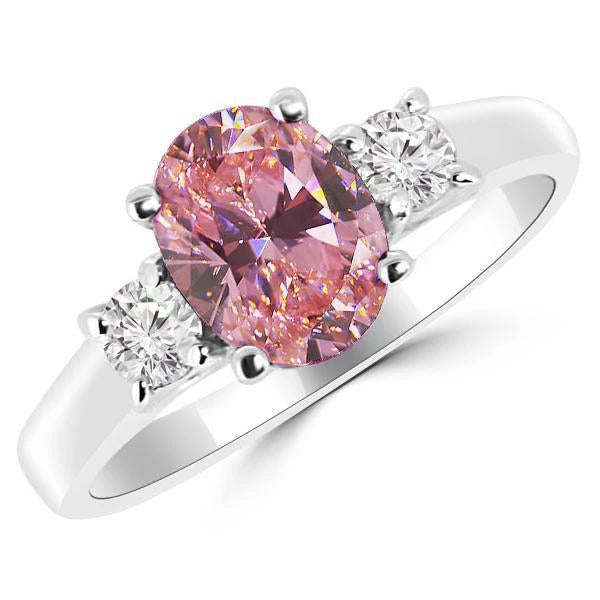 2.50 Carats Oval Pink Sapphire Diamond 3 Stone Ring White Gold 14K - Gemstone Ring-harrychadent.ca