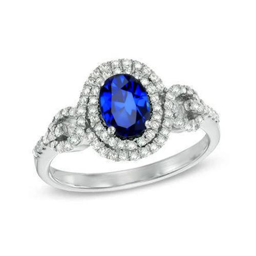 2.75 Carats White Gold Oval Ceylon Sapphire With Round Diamond Ring - Gemstone Ring-harrychadent.ca