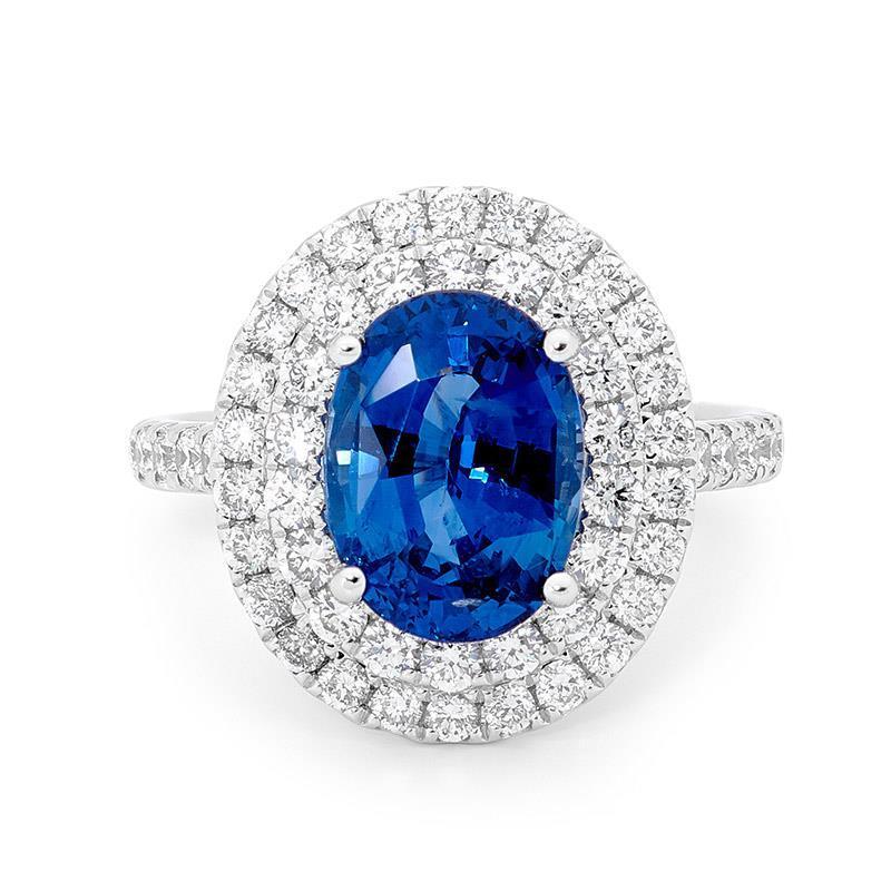 3.40 Ct Oval Ceylon Sapphire With Round Diamonds Ring White Gold - Gemstone Ring-harrychadent.ca