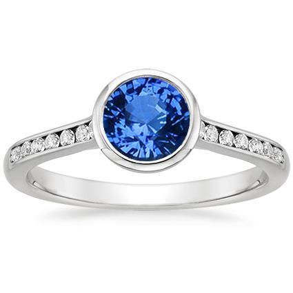 3.50 Ct Bezel Set Round Ceylon Sapphire & Diamonds Ring White Gold 14K - Gemstone Ring-harrychadent.ca