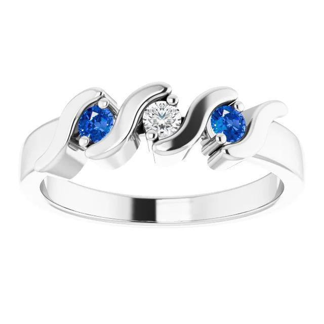 3 Stone Ring 0.90 Carats Diamond Ceylon Blue Sapphire White Gold 14K - Gemstone Ring-harrychadent.ca