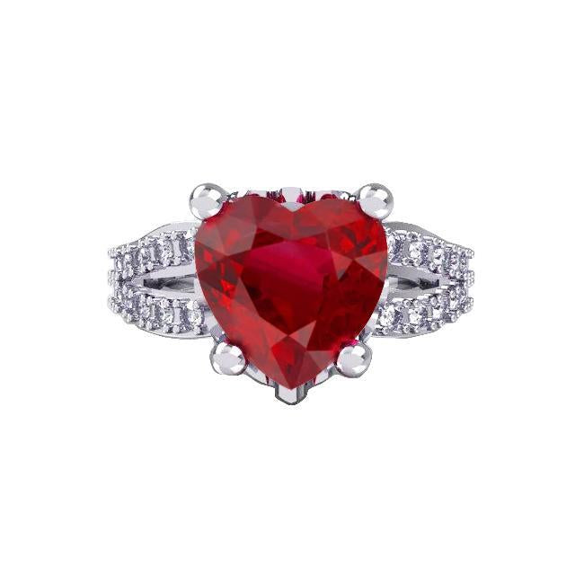 5 Ct Prong Set Red Heart Cut Ruby With Diamond Ring White Gold 14K - Gemstone Ring-harrychadent.ca