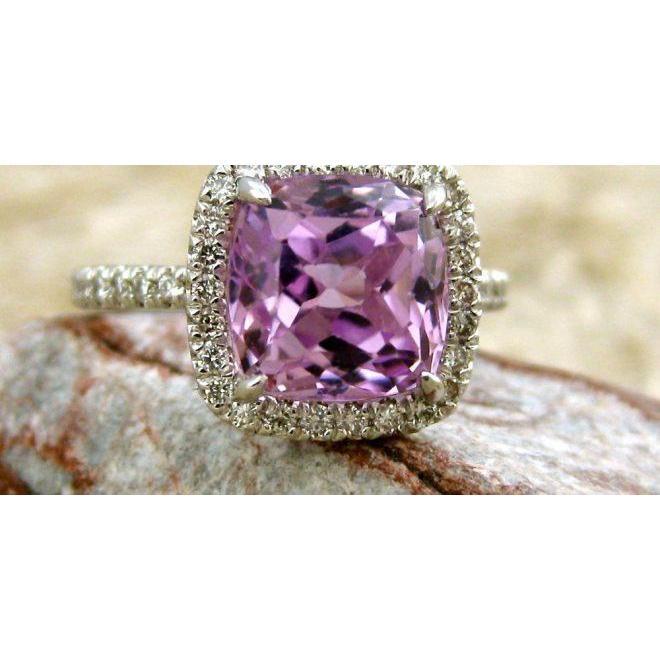 Cushion Cut Pink Kunzite And Diamond Ring White Gold 14K 30.40 Ct - Gemstone Ring-harrychadent.ca