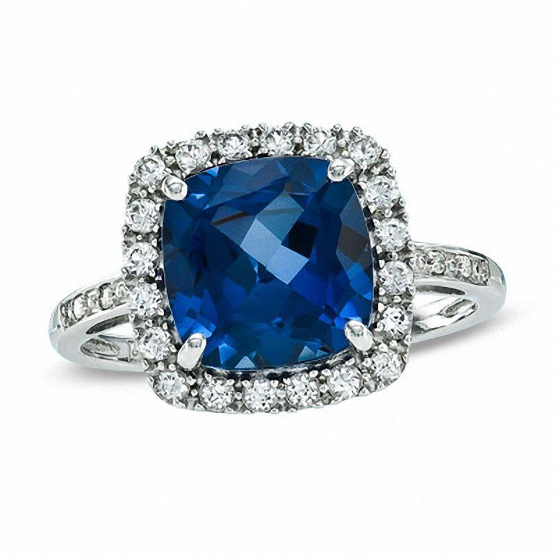 Cushion Cut Sapphire With Diamond Wedding Ring 3 Ct. White Gold 14K - Gemstone Ring-harrychadent.ca