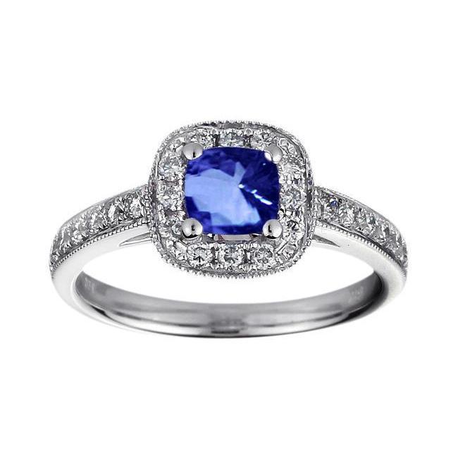 Cushion Sri Lanka Blue Sapphire Diamond 1.25 Ct. Ring White Gold 14K - Gemstone Ring-harrychadent.ca