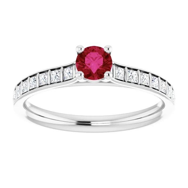 Round Ruby and Princess Diamond Ring 2 Carats White Gold 14K - Gemstone Ring-harrychadent.ca