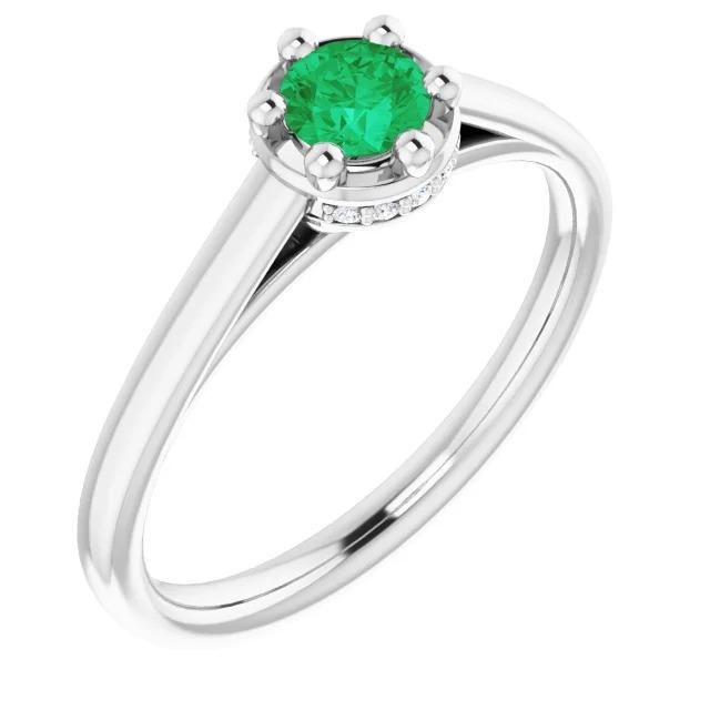 Six Prong Round Green Emerald Diamond Ring 1.25 Carats White Gold 14K - Gemstone Ring-harrychadent.ca