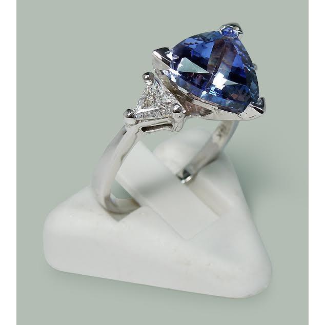 Three Stone Ring Trilliant Cut Blue Diamond Gemstone 6.5 Carats WG 14K - Gemstone Ring-harrychadent.ca