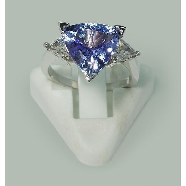 Three Stone Ring Trilliant Cut Blue Diamond Gemstone 6.5 Carats WG 14K - Gemstone Ring-harrychadent.ca
