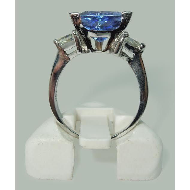Three Stone Ring Trilliant Cut Blue Diamond Gemstone 6.5 Carats WG 14K - Gemstone Ring-harrychadent.ca