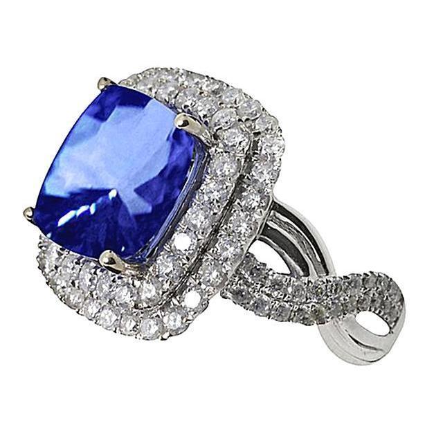 White Gold 4.50 Carats Cushion Ceylon Sapphire Diamond Gemstone Ring - Gemstone Ring-harrychadent.ca