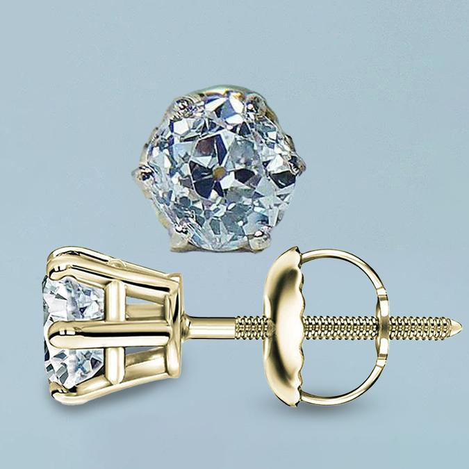 2 Carats Old Miner Round Diamond Stud Women Earring Yellow Gold - Stud Earrings-harrychadent.ca