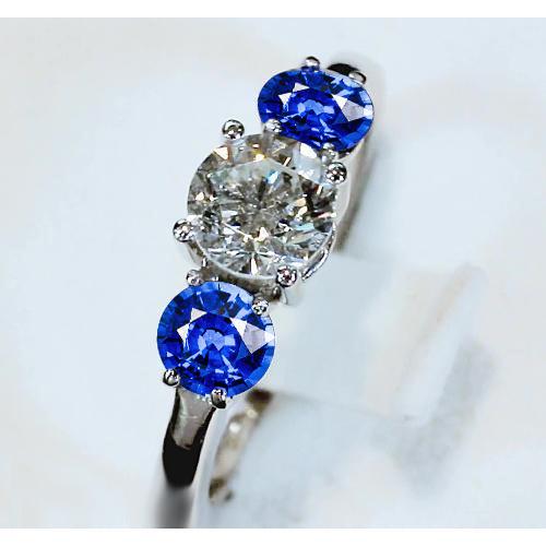 3 Stone Ring Diamond & Blue Sapphire 3.50 Carats Cathedral Setting - Three Stone Ring-harrychadent.ca