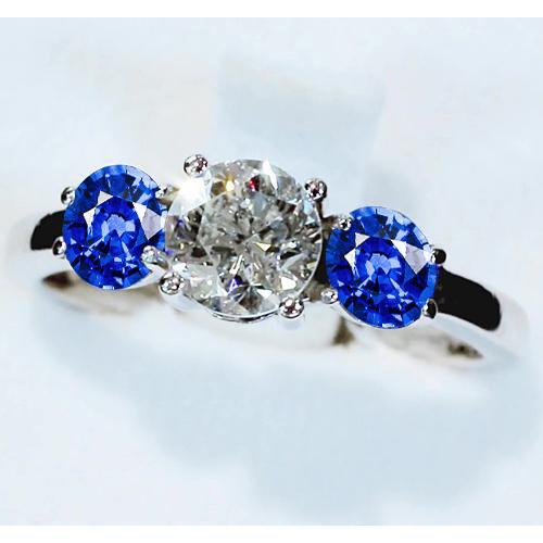 3 Stone Ring Diamond & Blue Sapphire 3.50 Carats Cathedral Setting - Three Stone Ring-harrychadent.ca