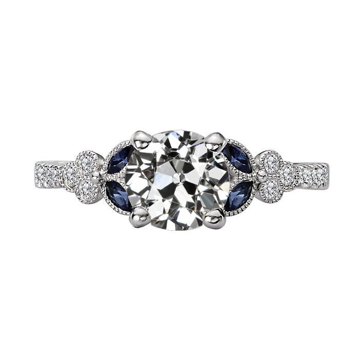 Old Miner Diamond & Marquise Blue Sapphire Ring Vintage Style 4 Carats - Anniversary Ring-harrychadent.ca
