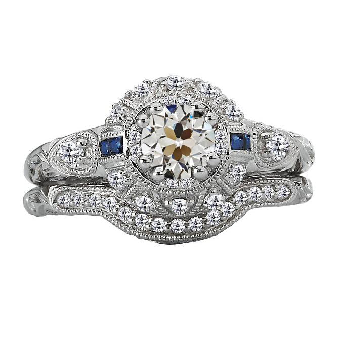 Old Cut Diamond & Sapphires Engagement Ring Set Vintage Style 4 Carats - Engagement Ring Set-harrychadent.ca