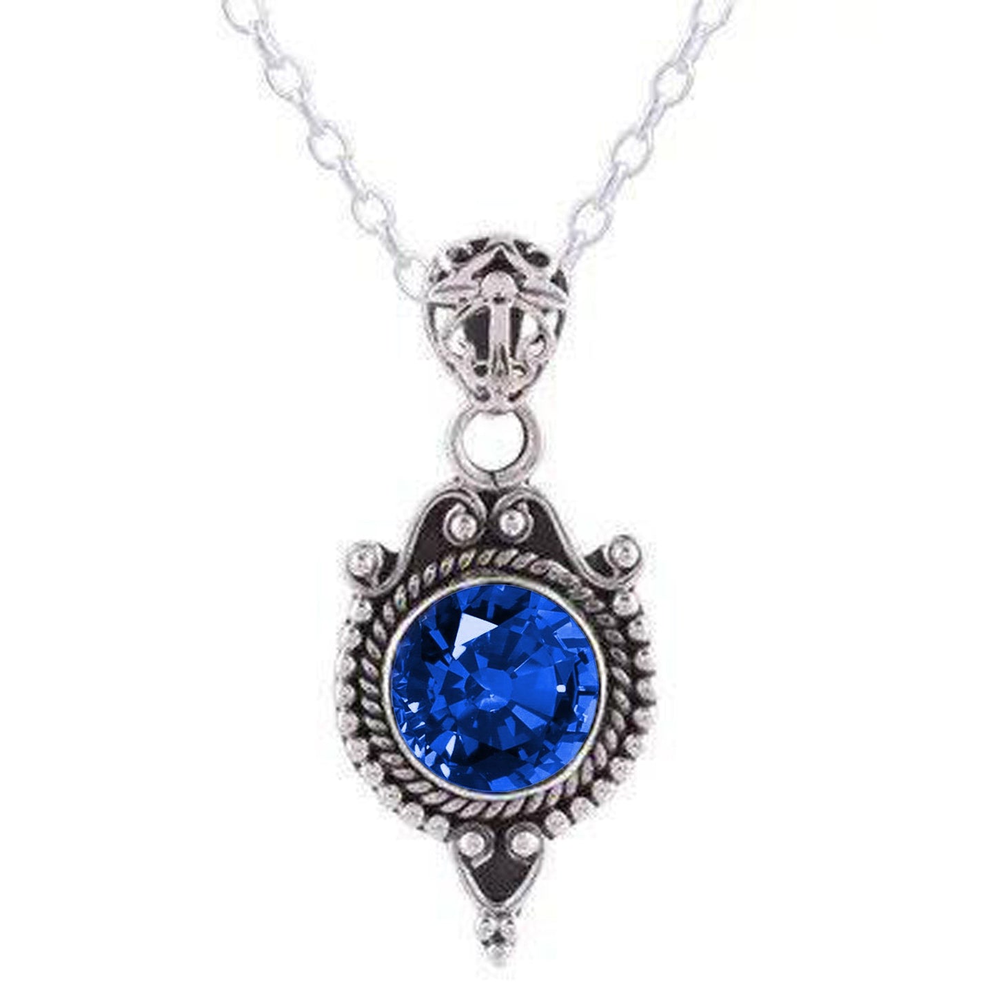 Blue Sapphire Antique Style Pendant 8 Carats White Gold 14K - Gemstone Pendant-harrychadent.ca