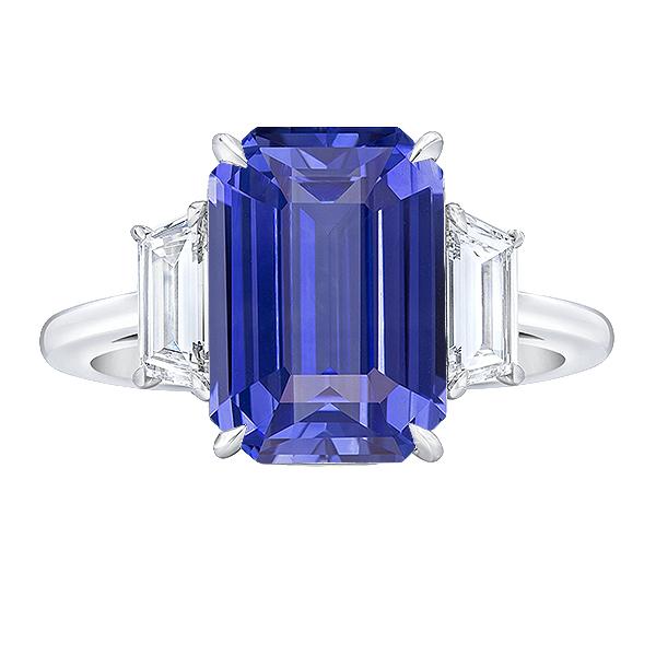 3 Stone Blue Sapphire Ring Emerald & Trapezoid Diamonds 3.50 Carats - Gemstone Ring-harrychadent.ca