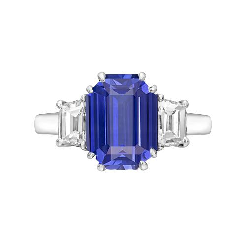 3 Stone Emerald & Trapezoid Diamond Ceylon Sapphire Ring 3 Carats - Gemstone Ring-harrychadent.ca